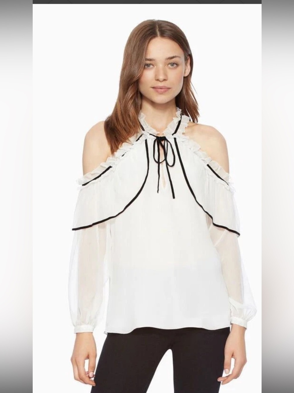 Parker White Cold-Shoulder Blouse with Black Trim and Tie Neck